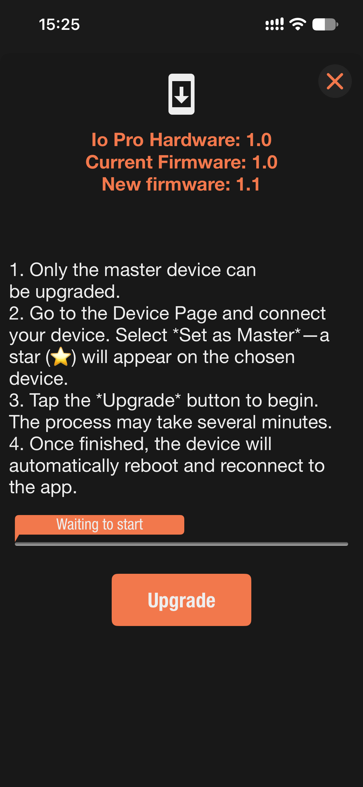 Upgrade page with hardware version, current firmware and new firmware