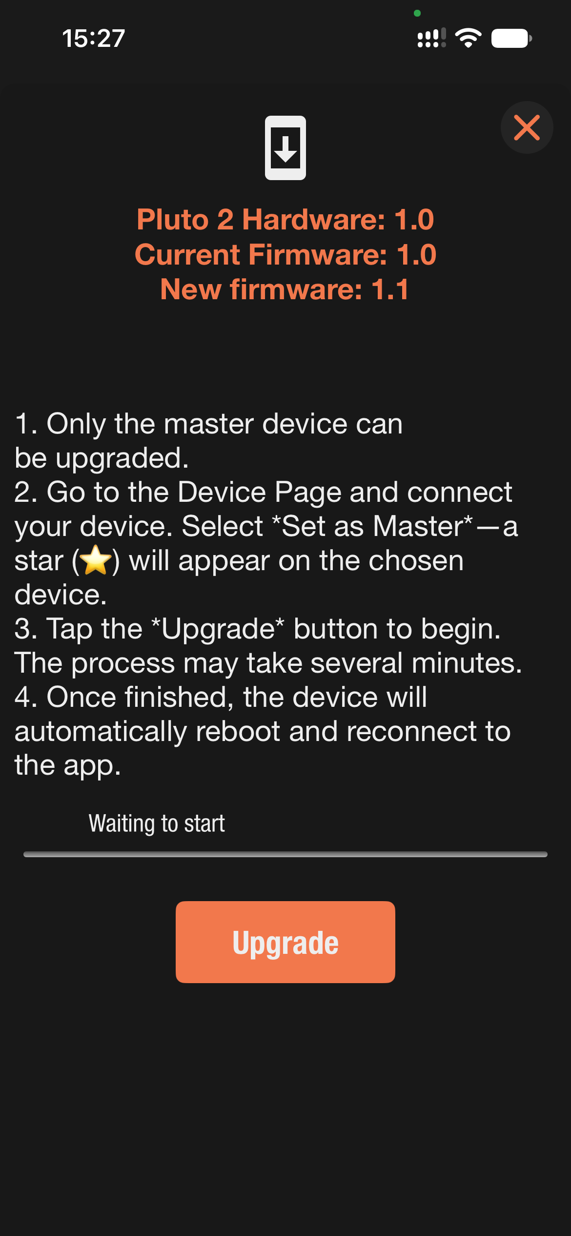 Ortta app upgrade page showing hardware, current and new firmware versions with an Upgrade button
