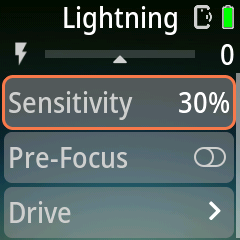 Pluto 2 Pro Lightning page with the live light-change bar, Sensitivity, Pre-Focus toggle and Drive