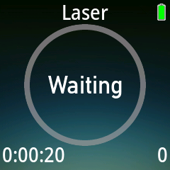 Laser running: Waiting in the centre, 0:00:20 elapsed bottom left, 0 shots bottom right